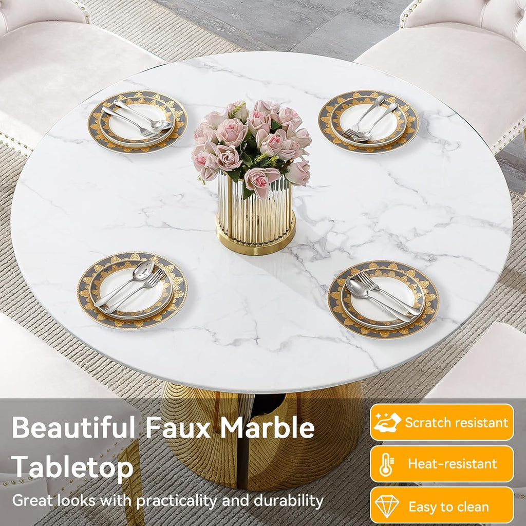 45 inch Round Dining Table for 4 to 6, Modern Circle Dining Table with White Faux Marble Tabletop & Golden Cylindrical Base, Small Kitchen Dining Room Table for Breakfast Dinette Dinner Dinning Room