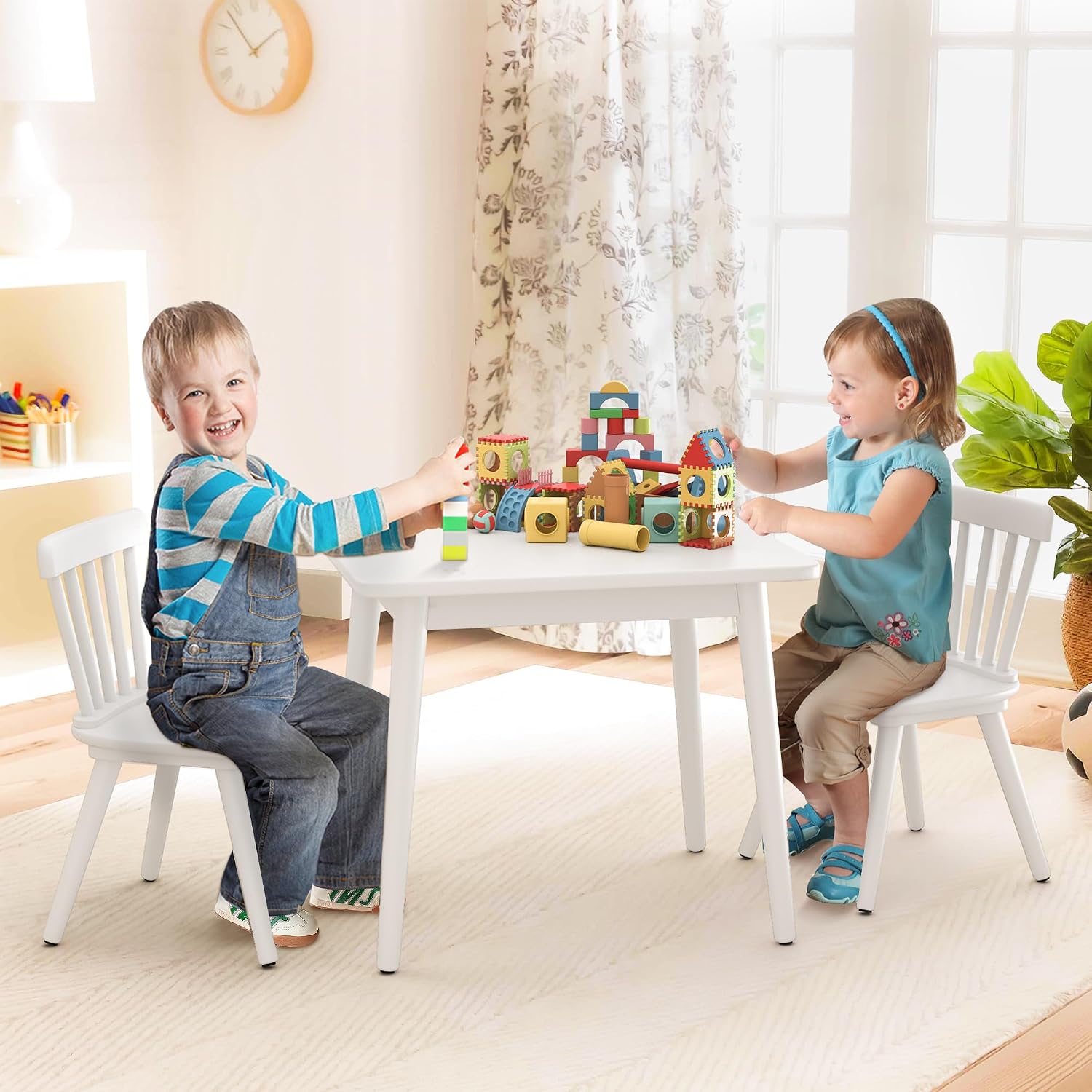 Curipeer Windsor Kids Table and 2 Chair Set, Rubberwood Toddler Table and Chair Set for Art, Play, Craft, Activity, with Non-Slip Legs Round Edge Design, White