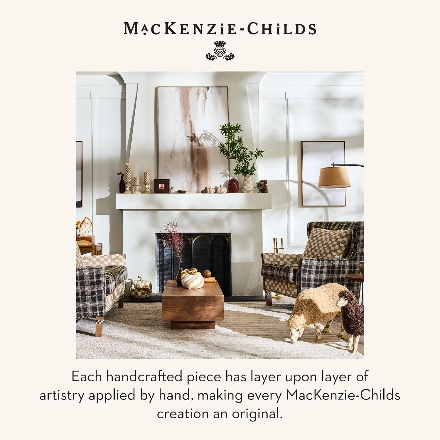 MACKENZIE-CHILDS Pedestal Vase, Decorative Centerpiece and Flower Holder, Brown-and-White Mocha Check