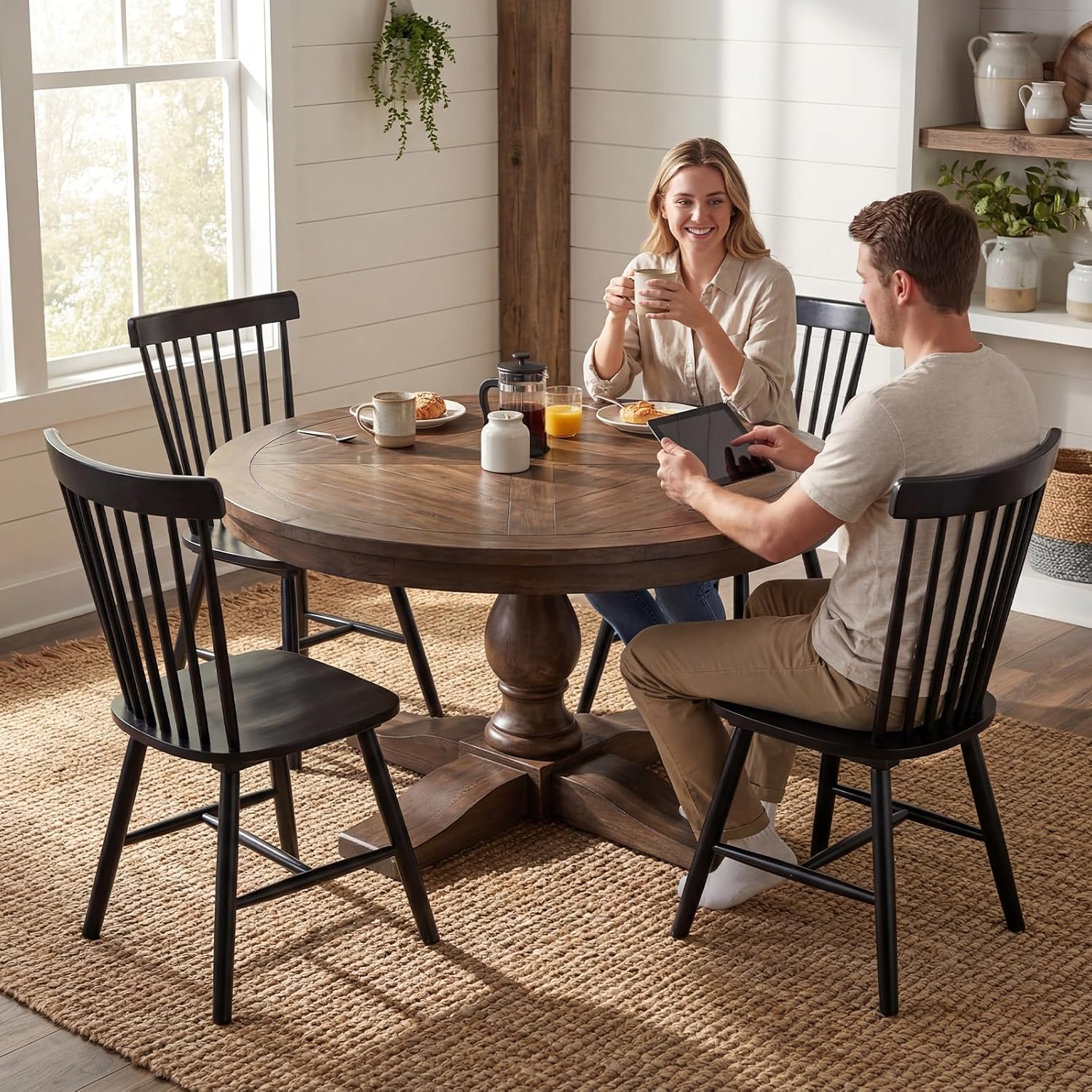 60' Round Dining Table, Reclaimed Wood Kitchen Table for 6-8 Farmhouse Circle Kitchen Table with Pedestal Curved Leg for Kitchen Dining Room Restaurant - Weathered Brown