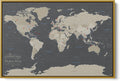 Earth Tone World Map with Pins – Personalized Canvas Push Pin Map – Framed World Travel Wall Decor – Gold Float Frame – 24' x 36'