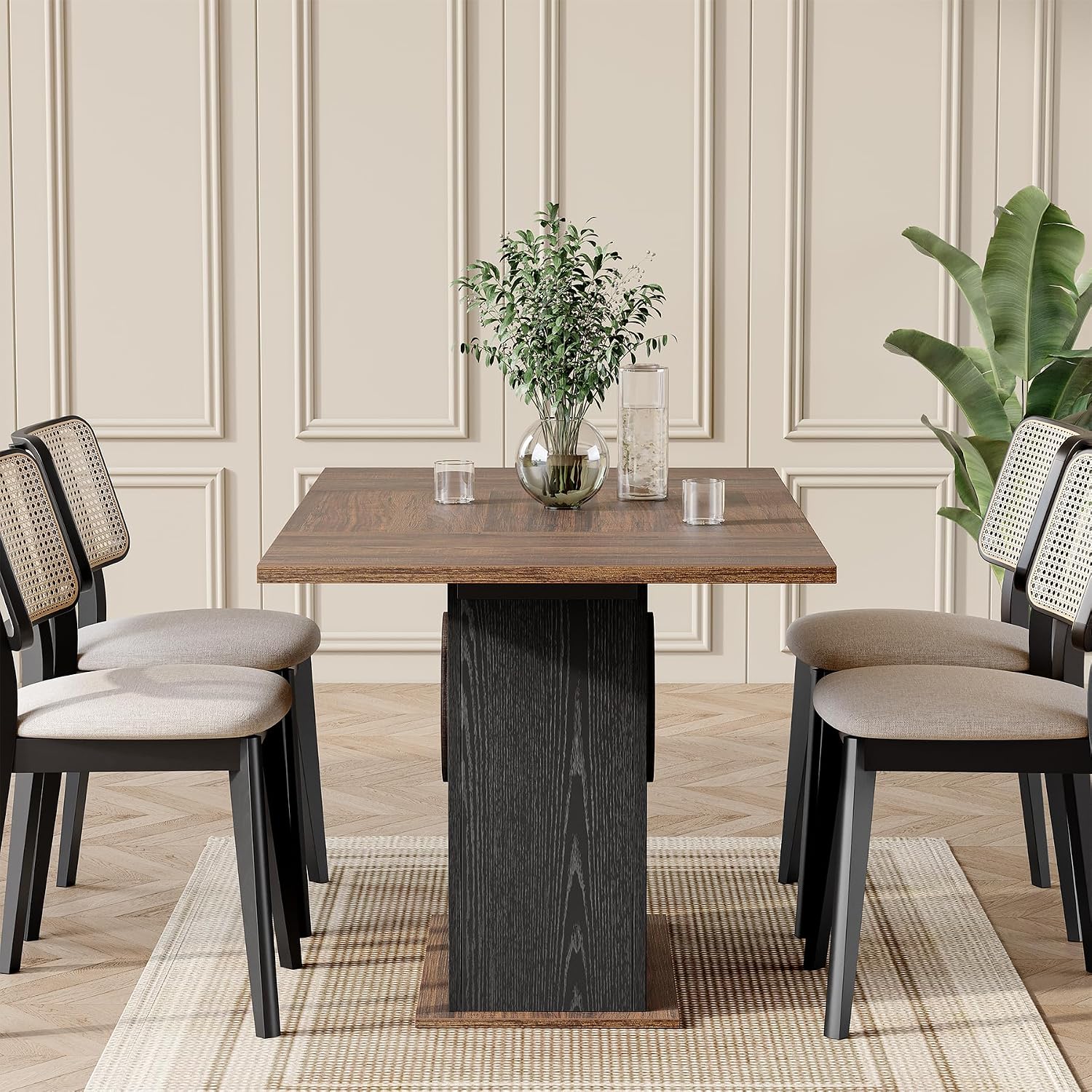 LITTLE TREE Rectangle Dining Table, Modern Kitchen Table Set for 6, Wooden Furniture with Heavy Duty Base, Modern Furniture for Home, Dining Room, Brown & Black