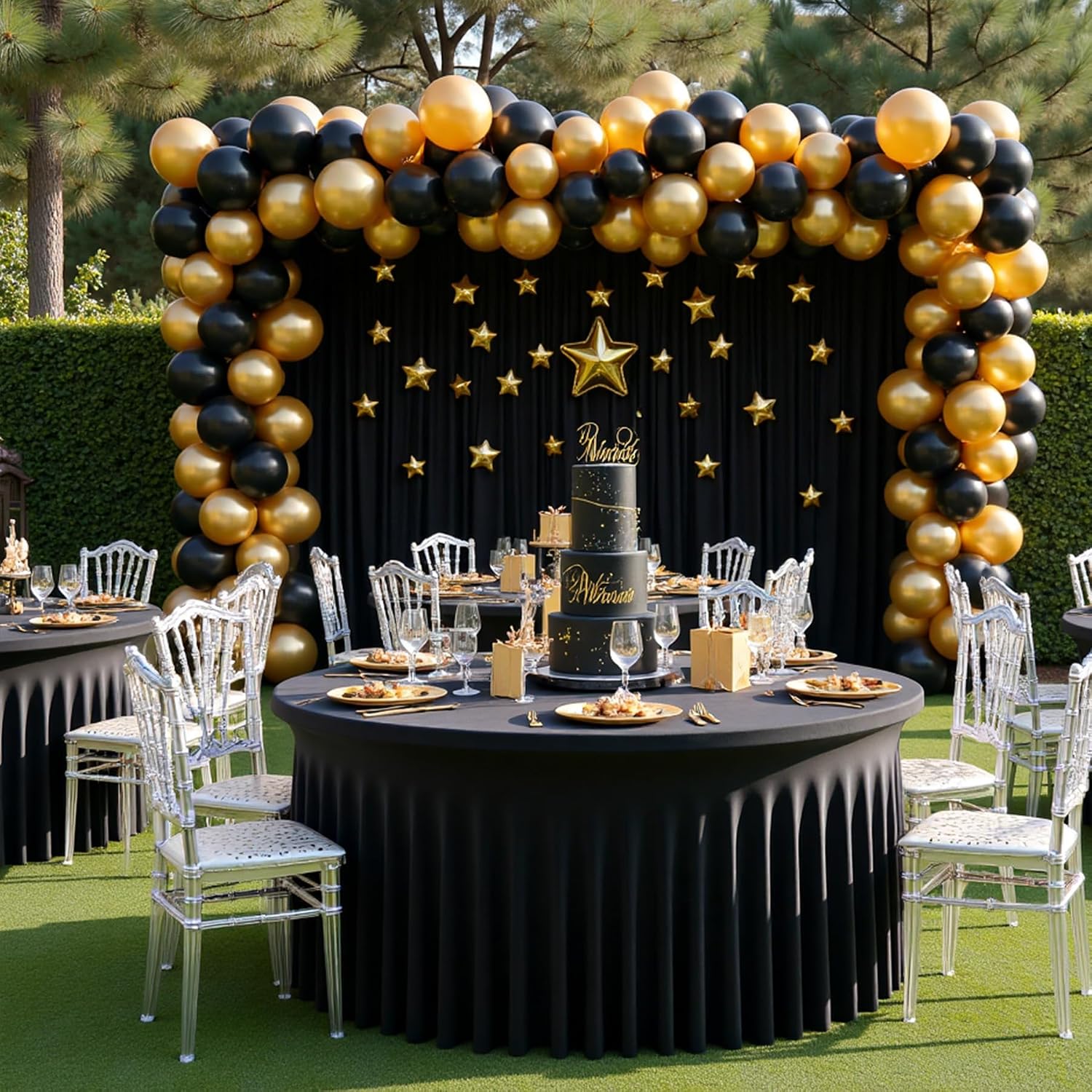 8 Pack Spandex Black Round Tablecloths for 72inch Table, Wrinkle Free 132inch Stretchy Fitted 6ft Round Table Cloth Covers with Skirt for Wedding Birthday Graduation Parties Banquet Events