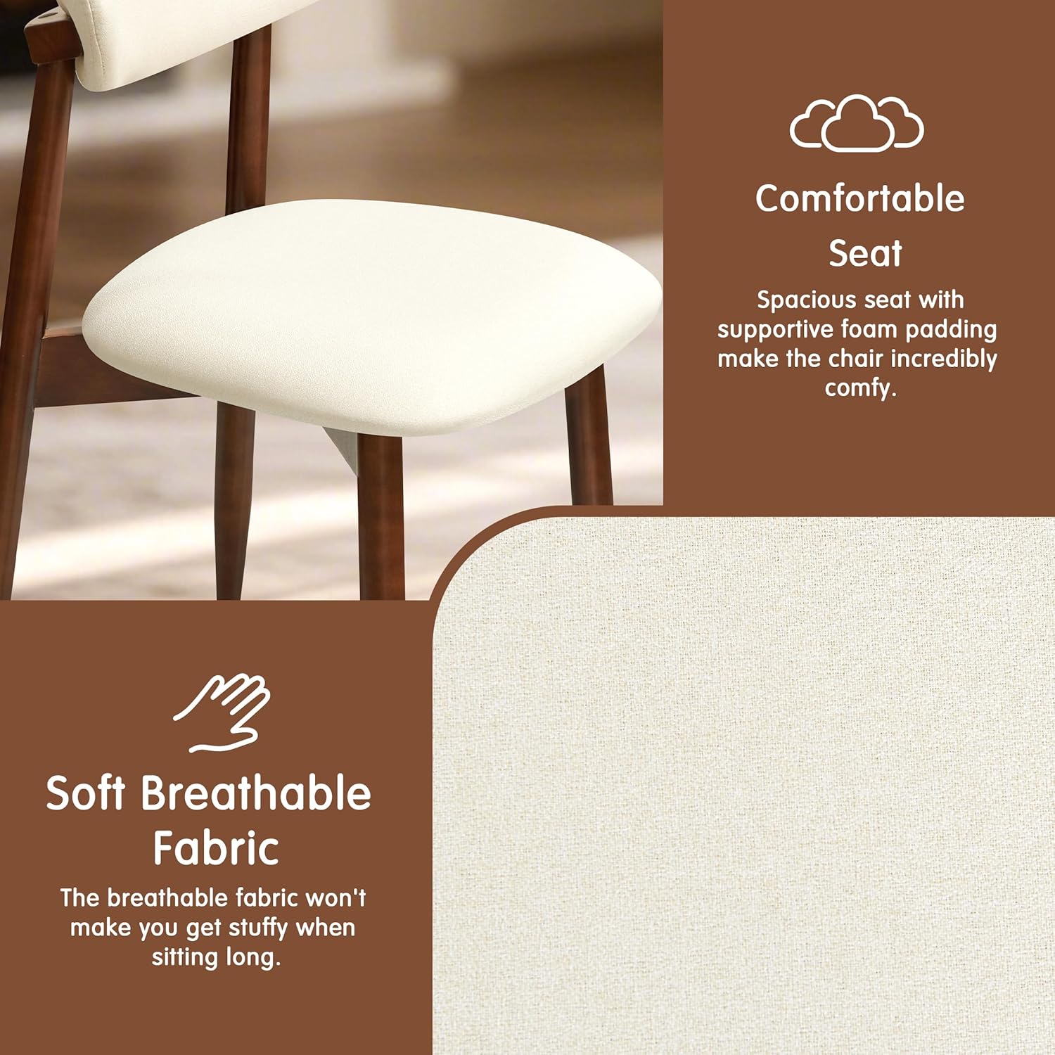 CHUN YI Dining Chairs Set of 2, Upholstered Solid Wood Dining Room Chairs, Mid Century Modern Fabric Kitchen Side Chairs with Ergonomic Curved Back, Beige