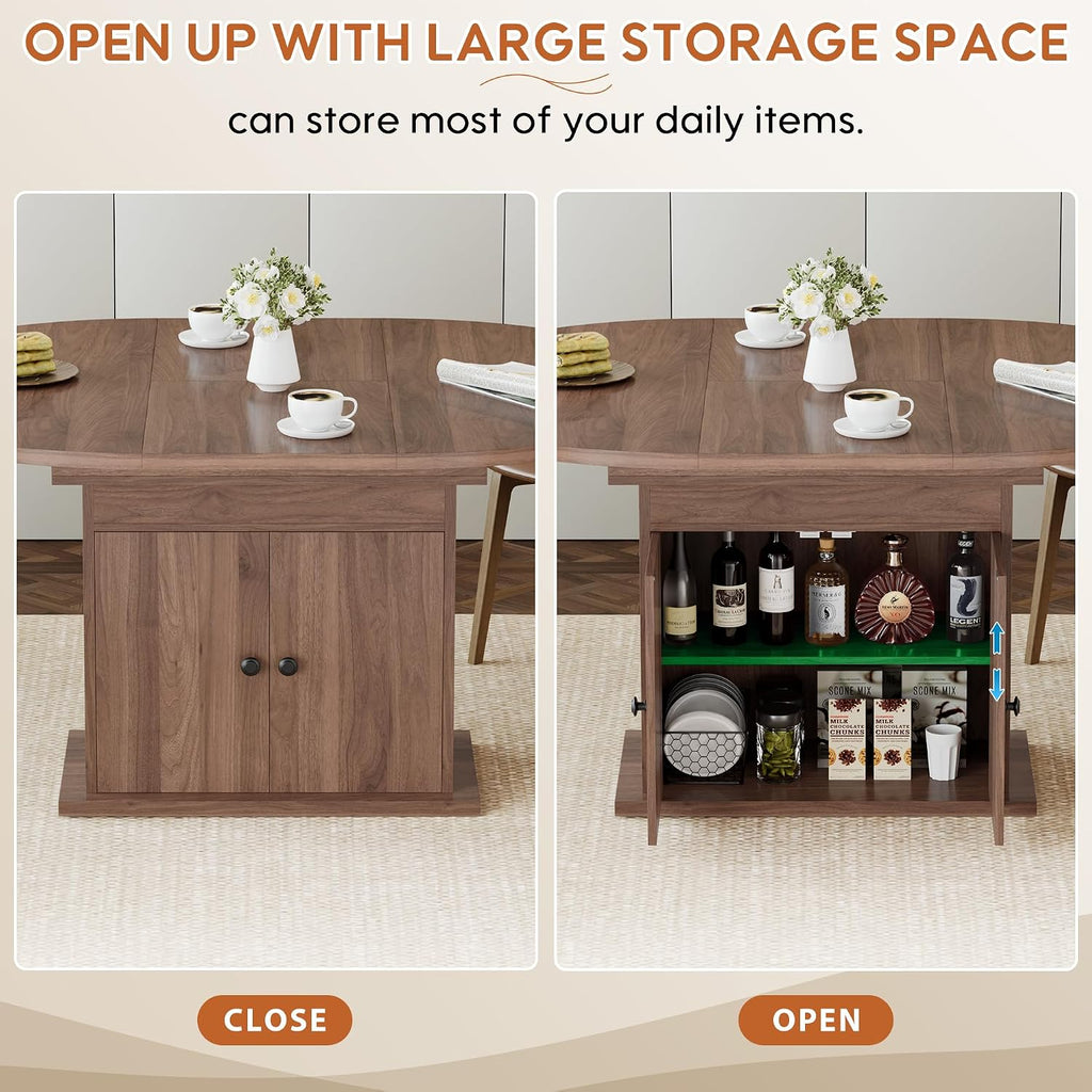 43.3in-59in Extendable Round Dining Table for 4-8, Modern Expandable Kitchen Oval Dining Table, Space Saving Circle Dining Room Table with Storage Shelf for Kitchen Living Room