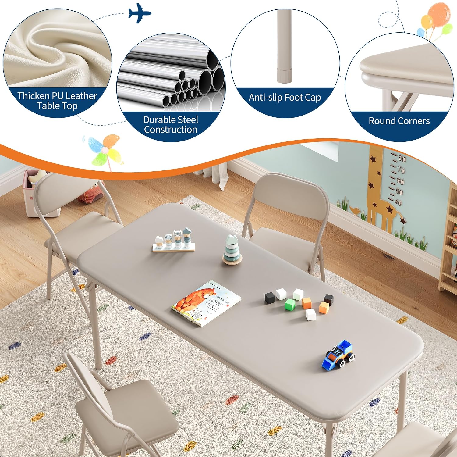 IDEALHOUSE 5 Piece Folding Kids Table and Chairs Set, Children Activity Table and Chairs Set for Dining Room,Daycare,Classrooms