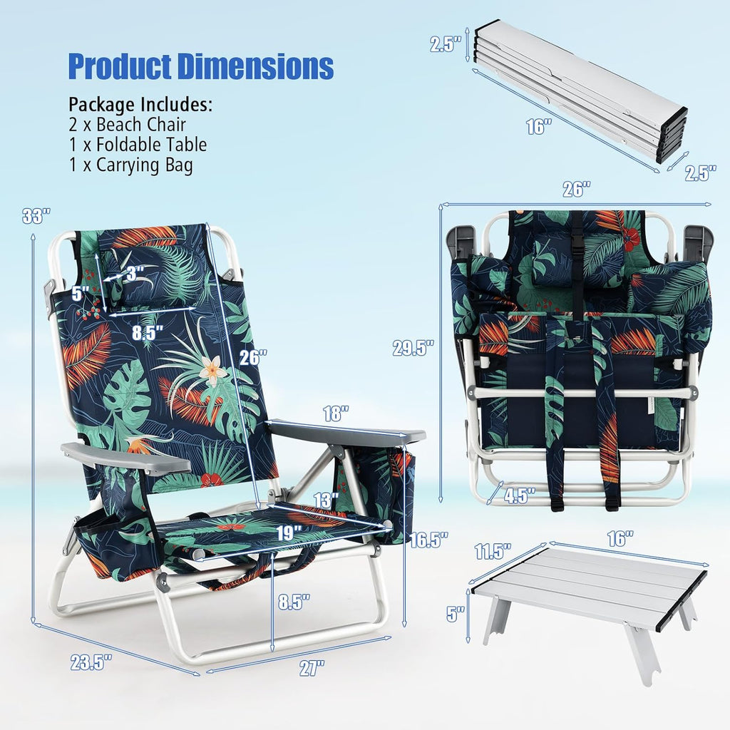 Tangkula Backpack Beach Chair with Table, 5-Position Lay Flat Chairs with Cooler Bag, 2 Cup Holders, Towel Bar, Lightweight Low Folding Chair with Backpack Straps