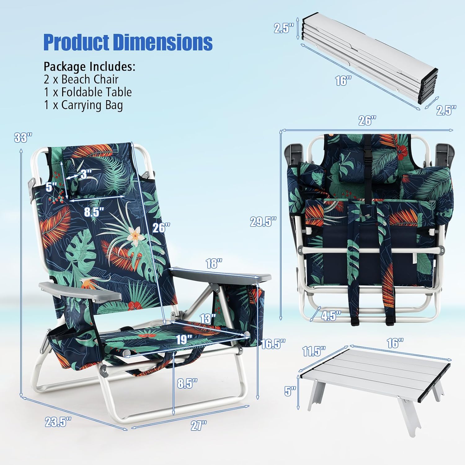 Tangkula Backpack Beach Chair with Table, 5-Position Lay Flat Chairs with Cooler Bag, 2 Cup Holders, Towel Bar, Lightweight Low Folding Chair with Backpack Straps