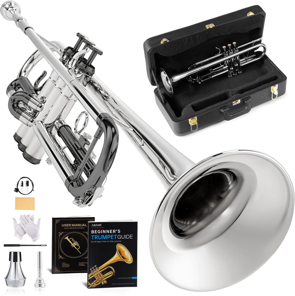 AKLOT Hand-Hammered Bell Bb Trumpet: Smooth Valve Action, Clear-Lacquered Brass Body, Standard Trumpet Beginner Set with Leather Case, Lesson Book, Trumpet Mute, Mouthpiece, Cleaning Kit (SNR-BrzBS)
