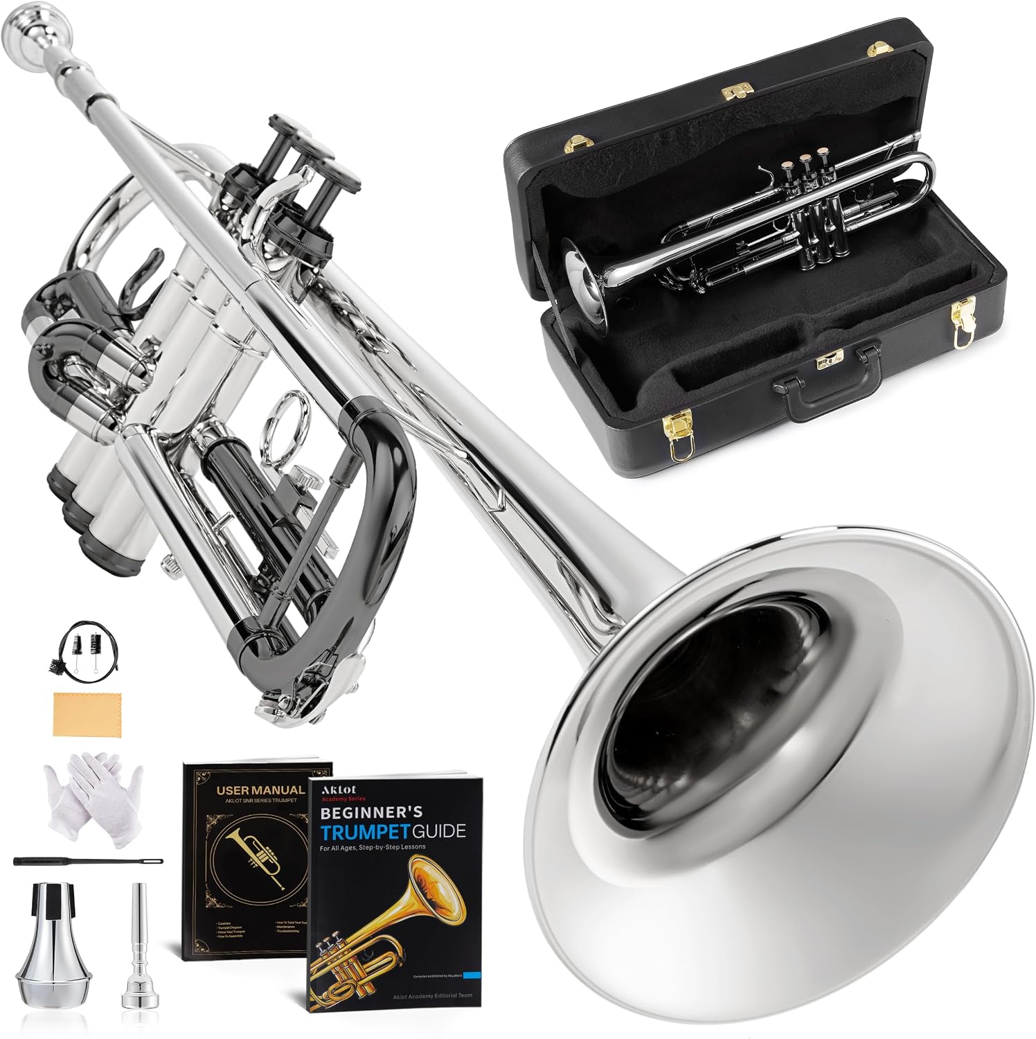 AKLOT Hand-Hammered Bell Bb Trumpet: Smooth Valve Action, Clear-Lacquered Brass Body, Standard Trumpet Beginner Set with Leather Case, Lesson Book, Trumpet Mute, Mouthpiece, Cleaning Kit (SNR-BrzBS)