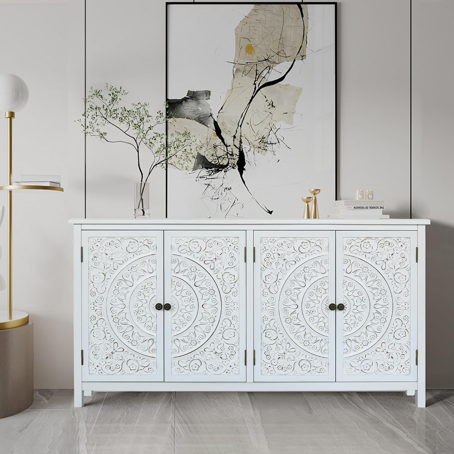 LKTART 60' Vintage Sideboard Buffet Cabinet with 4 Carved Doors, Accent Credenza Storage,Media Console Cabinet, for Entryway,Living&Dining Room, Antique White