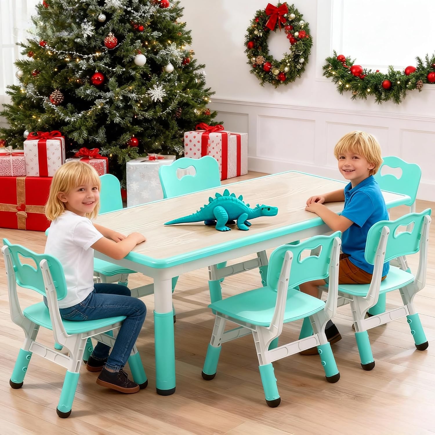 Garvee Kids Table and 6 Chair Set,47 in Modern Height Adjustable Toddler Table and 6 Chairs Set with Non-Slip Desk Legs&Organizer Graffiti Desktop, Preschool Activity Art Craft Tables for 6(Teal