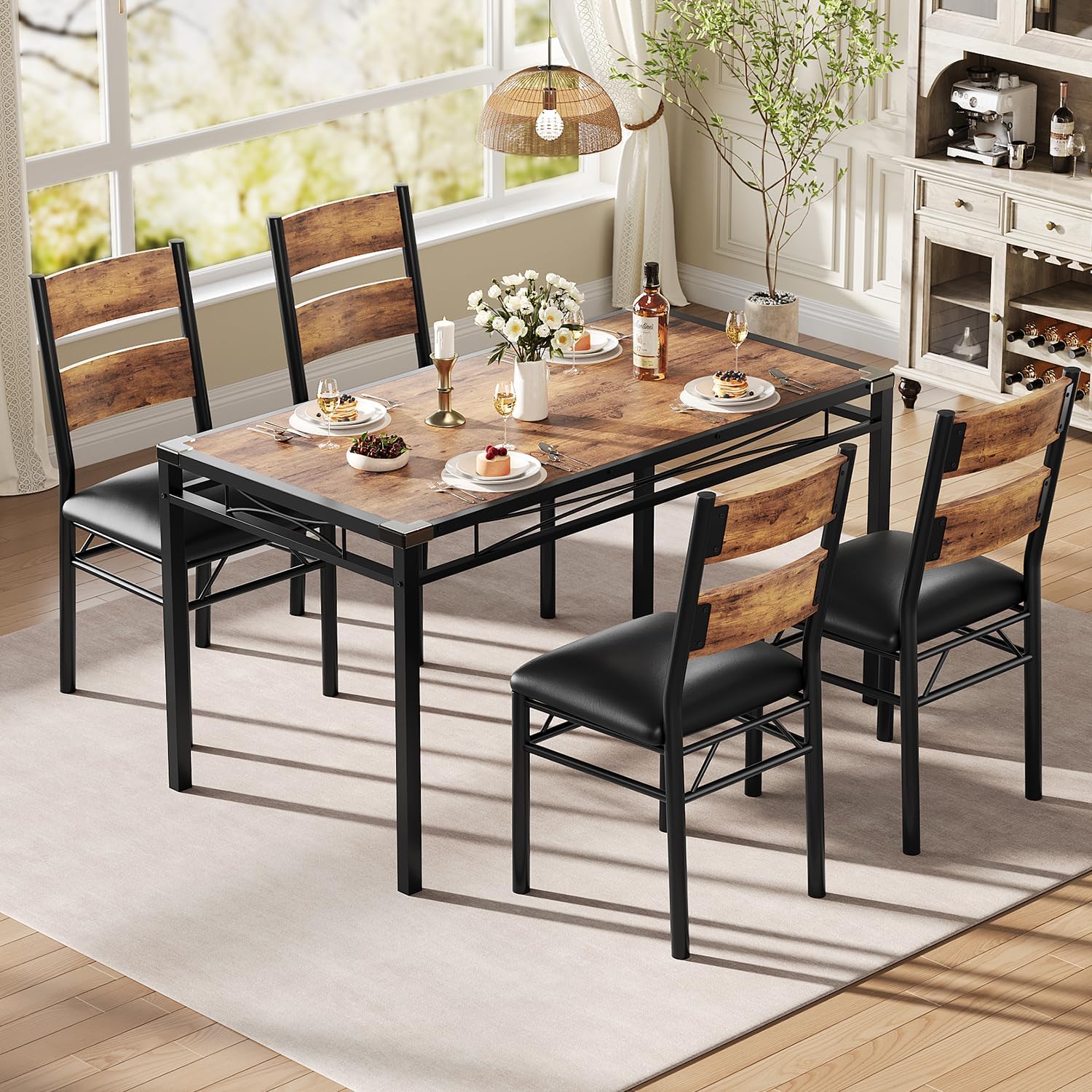 IDEALHOUSE Wood Dining Table Set for 4 with Corner Protector, Kitchen Table Chairs Set of 4 with Upholstered Chairs, Dining Room Table Set for 4, for Dining Room, Apartment,Retro Brown