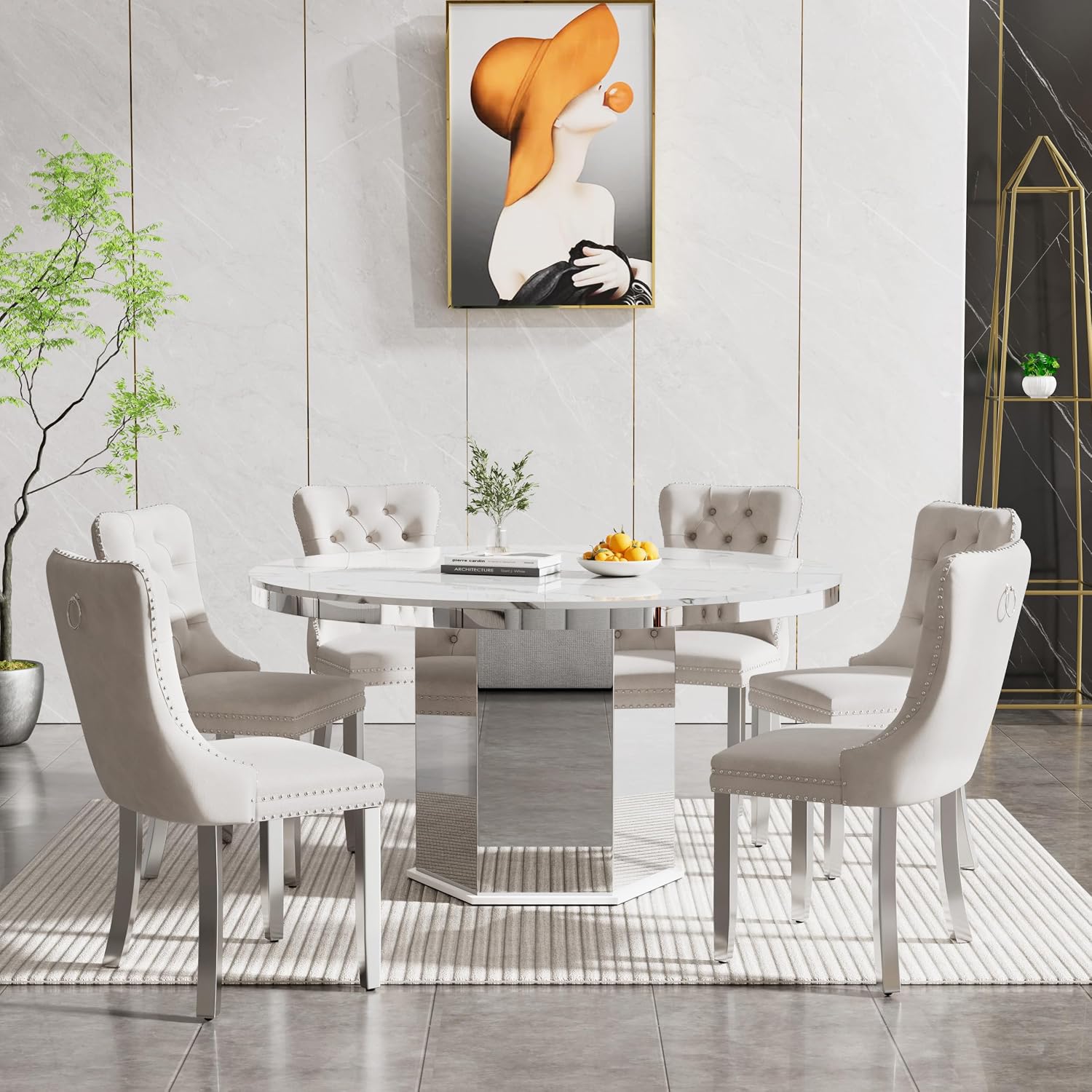 7 Pieces 47'-63' White Faux Marble Extendable Dining Table Set, Round Expanding Kitchen and Dining Room Table Set for 6 with Mirrored Acrylic Base & Beige Velvet Upholstered Chairs