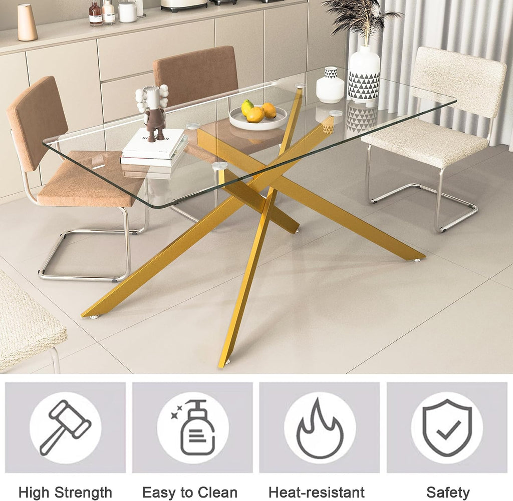 60' Glass Dining Table Modern Kitchen Table for 4-6 People, Contemporary Rectangular Dining Room Dinner Tables with Clear Glass Top & Gold Metal X Legs for Kitchen Apartment