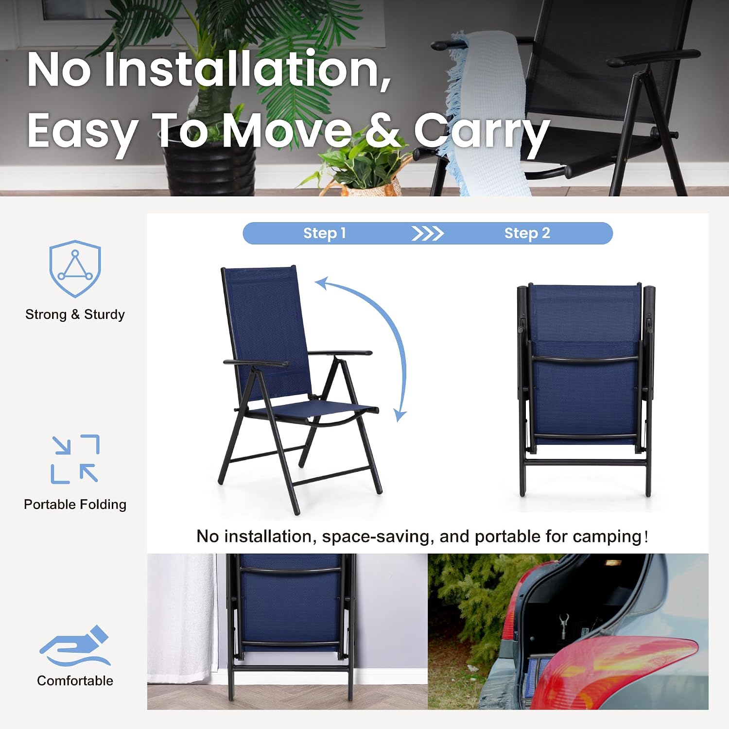 PHI VILLA Outdoor Dining Furniture Set with Umbrella, Patio Dining Set for 4 with Metal Outdoor Table and Chairs, Patio Table Set with Portable Folding Chairs & Navy Blue Umbrella (No Base)