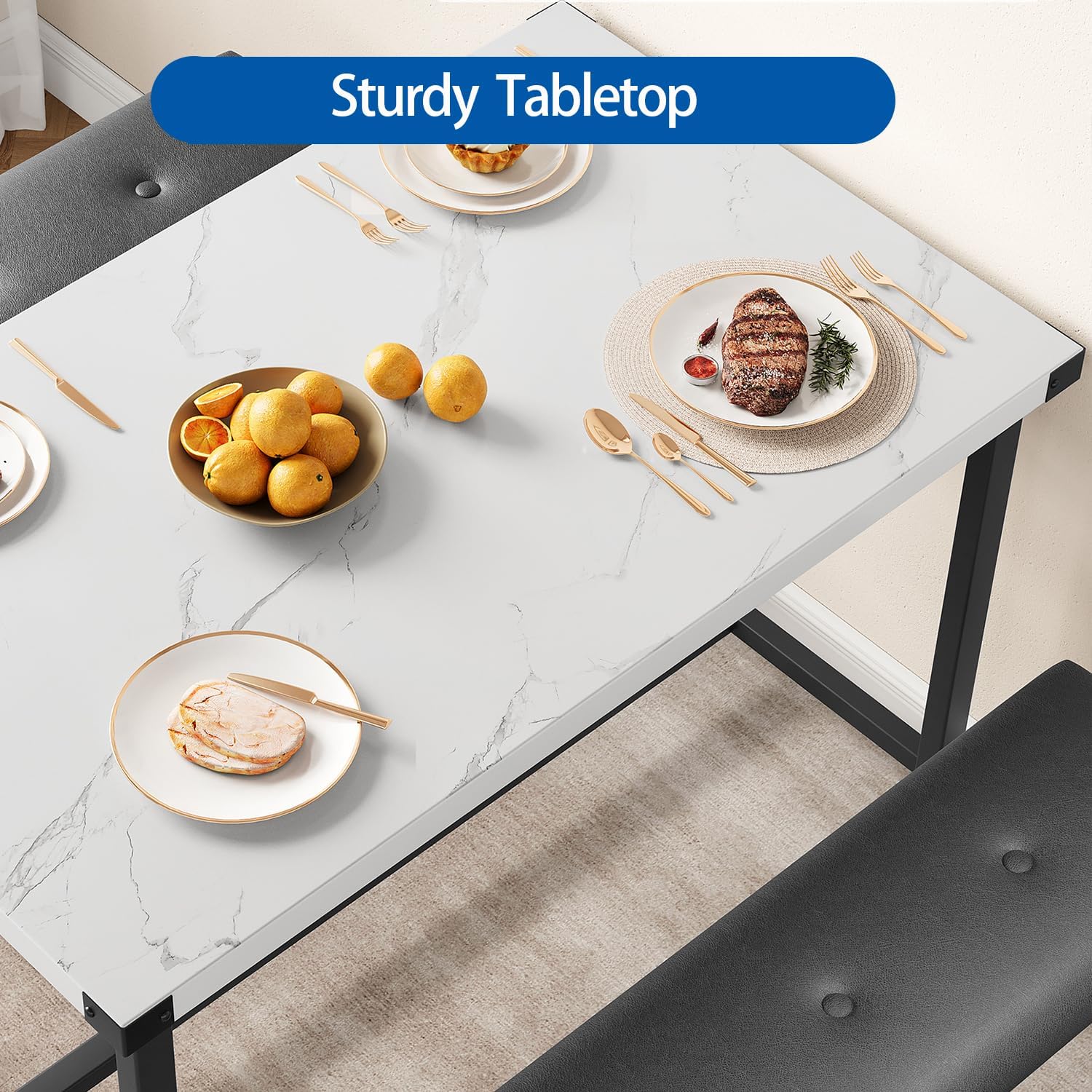 GarveeHome Dining Table Set for 4, Kitchen Table with 2 Upholstered Benches, Wood Kitchen Dining Room Set, for Small Space, Apartment, Home, Dinner, Marble White