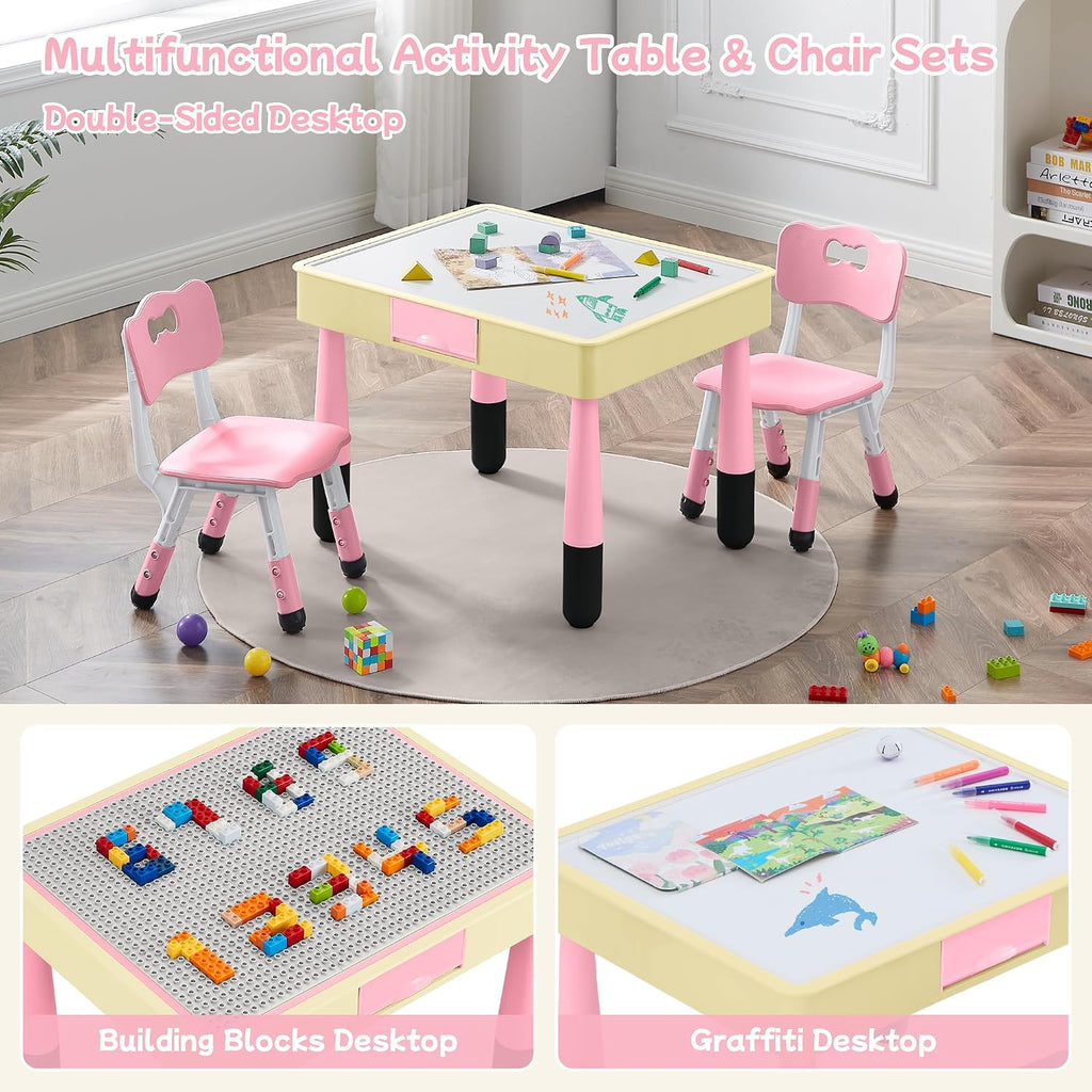 4 in 1 Kids Table and 2 Chairs Set, Toddler Table and Chair Set for Kids Ages 3-10, Activity Tables for Building Blocks/Drawing/Reading/Dining，Gift for Boy & Girl (Pink)