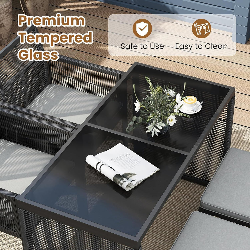Tangkula 5 Pieces PE Wicker Patio Dining Set, Outdoor Conversation Set with Cushions, Space-Saving Patio Rattan Chair and Tempered Glass Table Set with Ottomans for Garden, Backyard & Poolside