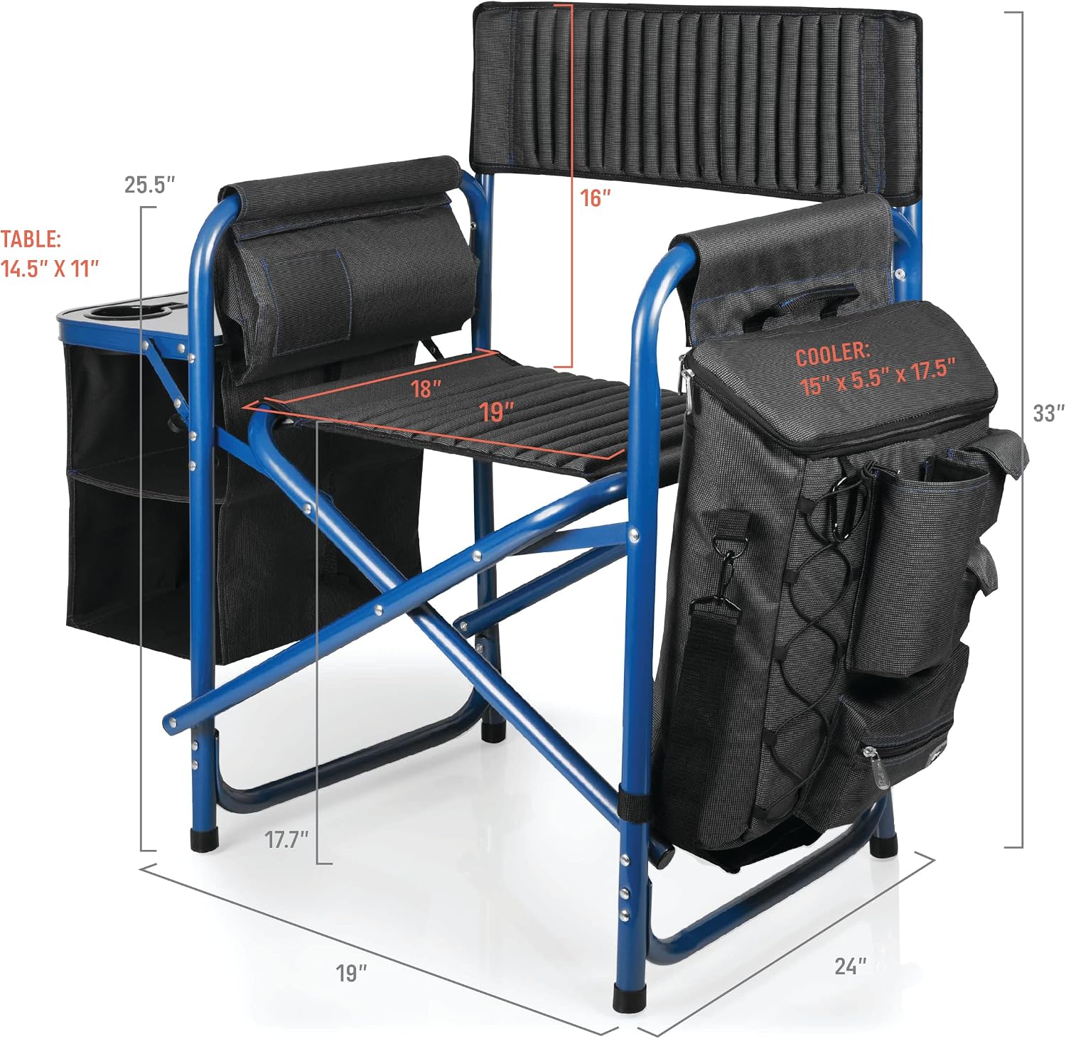 PICNIC TIME Fusion Camping Chair with Side Table and Soft Cooler, Outdoor Foldable Padded Camping Chairs with Cup Holder for Lawn, Beach, & Sports Use for Adults, (Dark Gray Blue Accents)