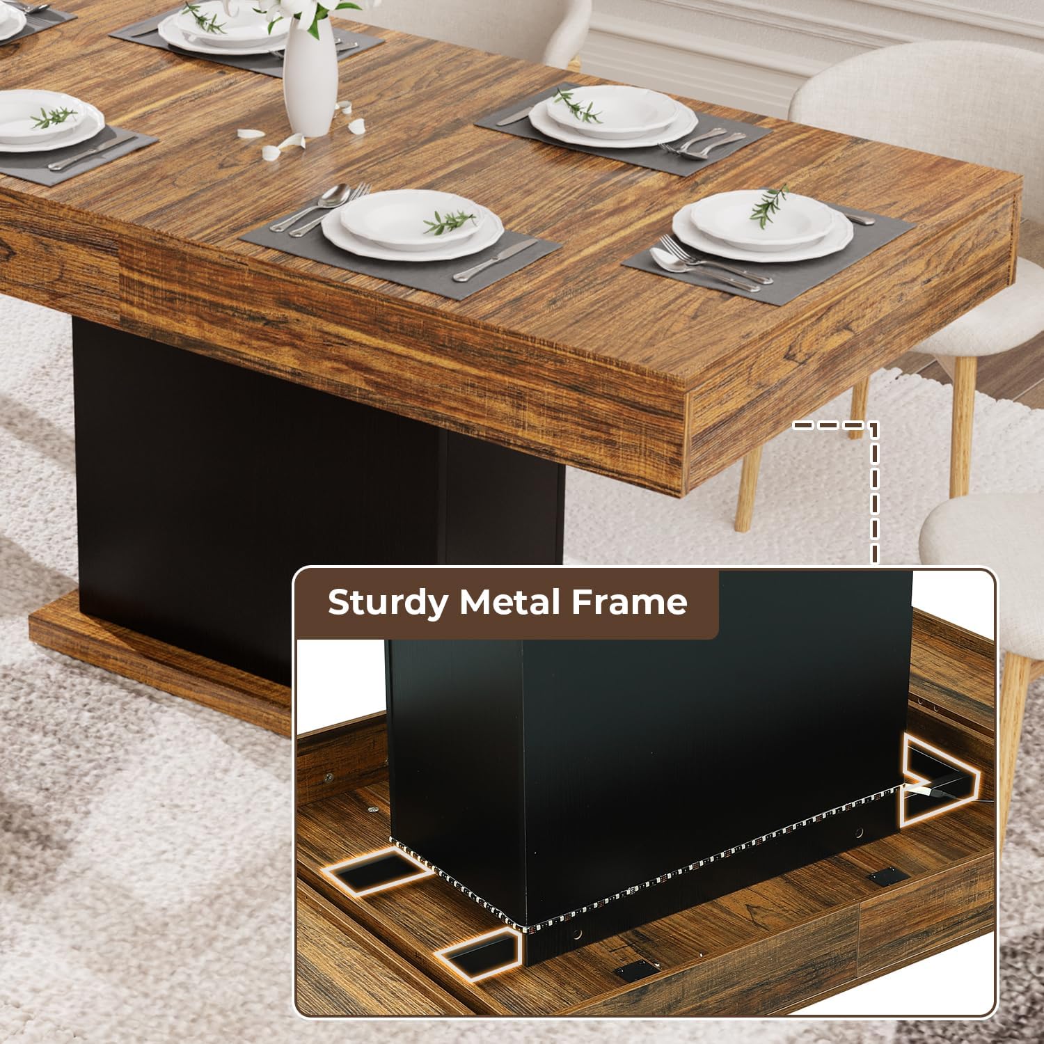 55' Dining Table for 4 to 6 People, Farmhouse Wood Dinner Table with Drawers & Led Lights for Kitchen, Dining Room & Living Room (Oak Brown & Black)