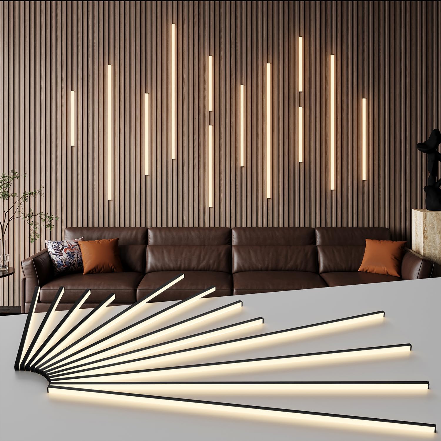 Slat Wall Lights - GloryAir 12Pcs Black Self-Adhesive Wall Panel Light Strips, 3000K Warm White Dimmable Smart Touch Switch for Wood Slat, WPC & Acoustic Panel, Living Room, Bedroom & Stair Decor