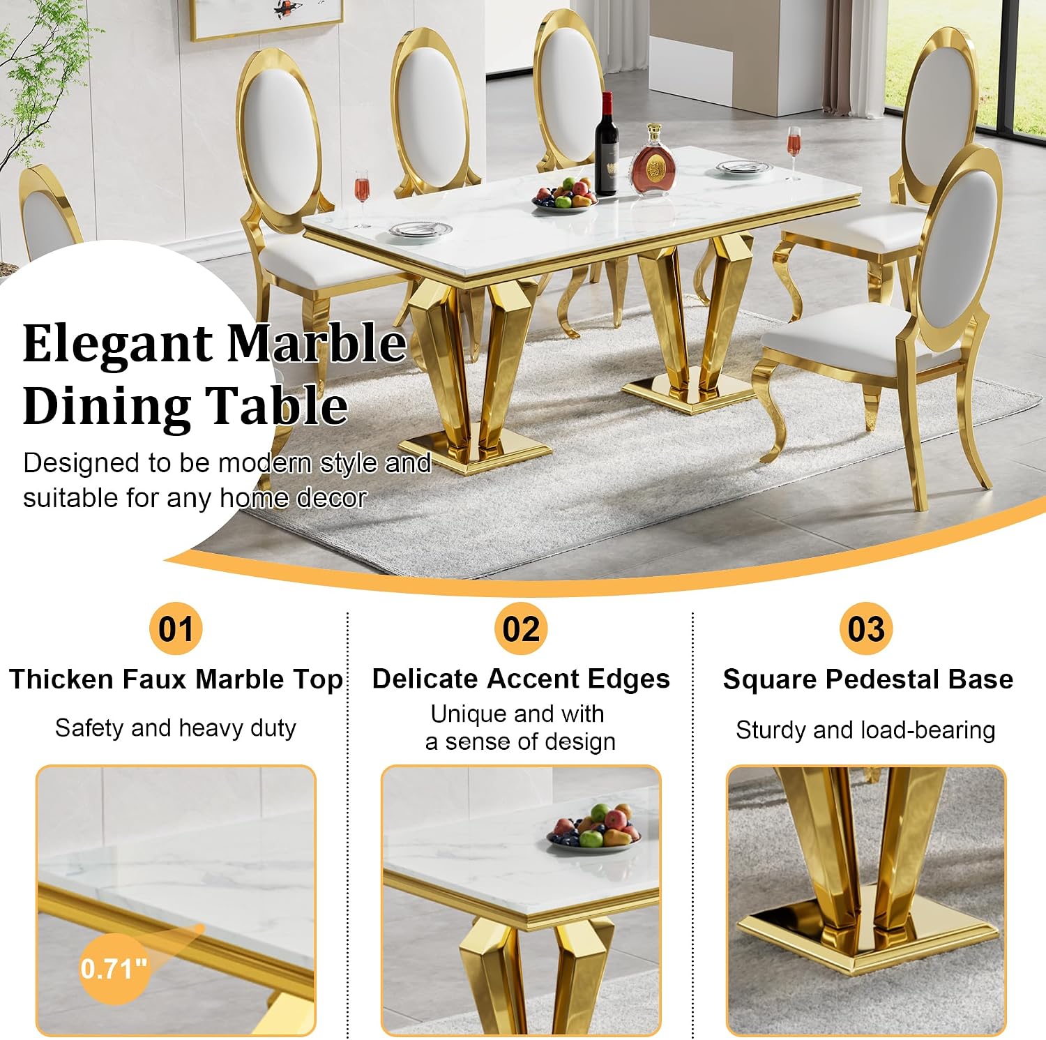 68' White Marble Dining Table for 6-8, Mid Century Modern Dining Table with Faux Marble Top & Gold Mirrored Dimaond Shape Stainless Steel Base, Luxury Rectangular Dinner Table for Kitchen Dining Room