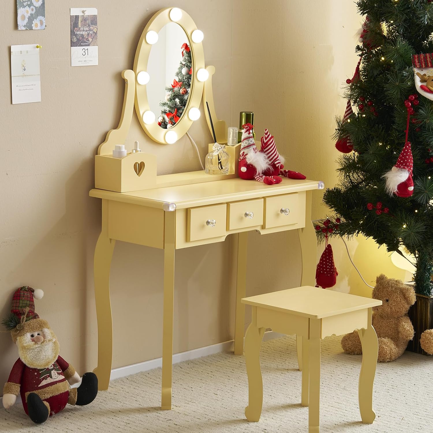 Karl home Kids Vanity Table and Chair Set, Princess MDF Dressing Table with 3-Color LED Lighted Mirror and 3 Drawers, Lovely Waved Design for Toddler's Bedroom and Playroom Decor, Macaroon Orange