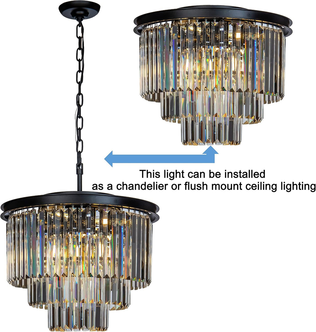 ALPADECOR 6-Light W 20' Modern Matte Black 3-Tier Round Fringe Crystal Chandelier Black Finish Frame Close to Ceiling Dual-Use Light for Dining Room Living Room