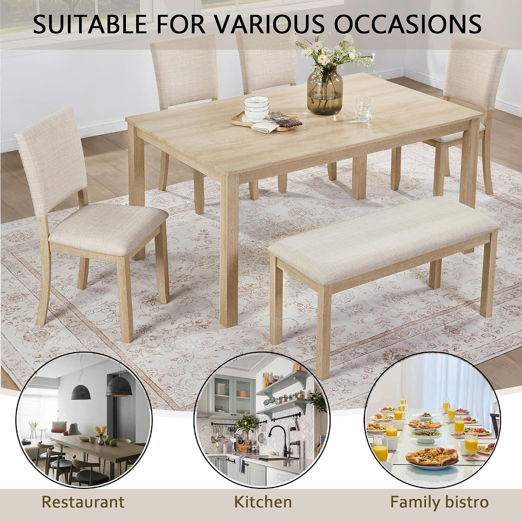 KEIKI 6-Piece Standard Height Dining Table Set with Rectangular Table, 4 Upholstered Chair, Bench, for 6 Person, Modern Style Wooden Table Set, Easy Assembly, for Kitchen, Dining Room, Light Oak