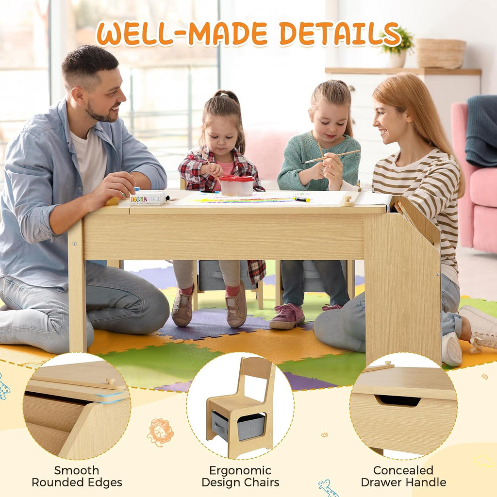 5-in-1 Kids Art Table and Chairs, Toddler Table and Chair Set, Craft Play Desk for Kids, Convertible Art Easel with Paper Roll Holder & Storage Drawers, Children Activity Learning Center-Wood