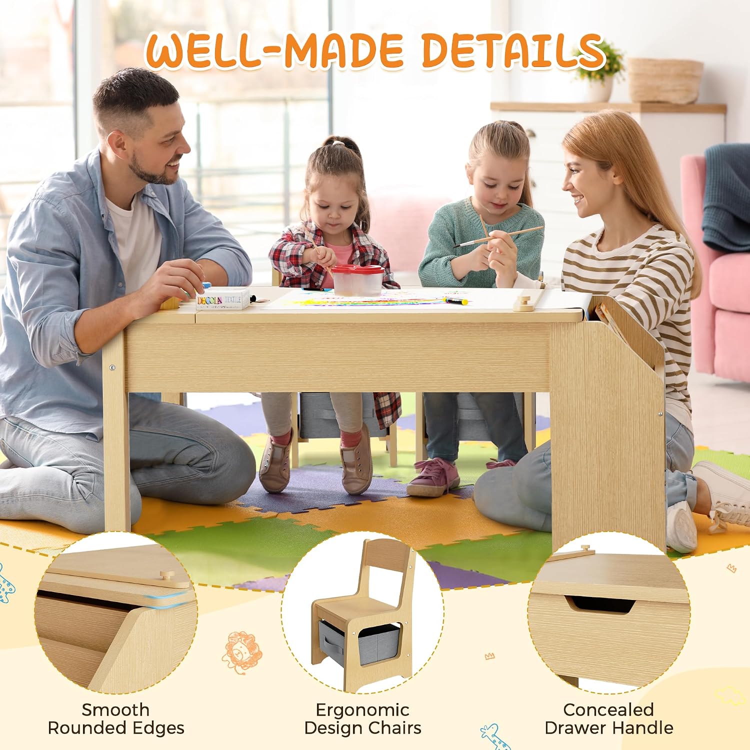 5-in-1 Kids Art Table and Chairs, Toddler Table and Chair Set, Craft Play Desk for Kids, Convertible Art Easel with Paper Roll Holder & Storage Drawers, Children Activity Learning Center-Wood