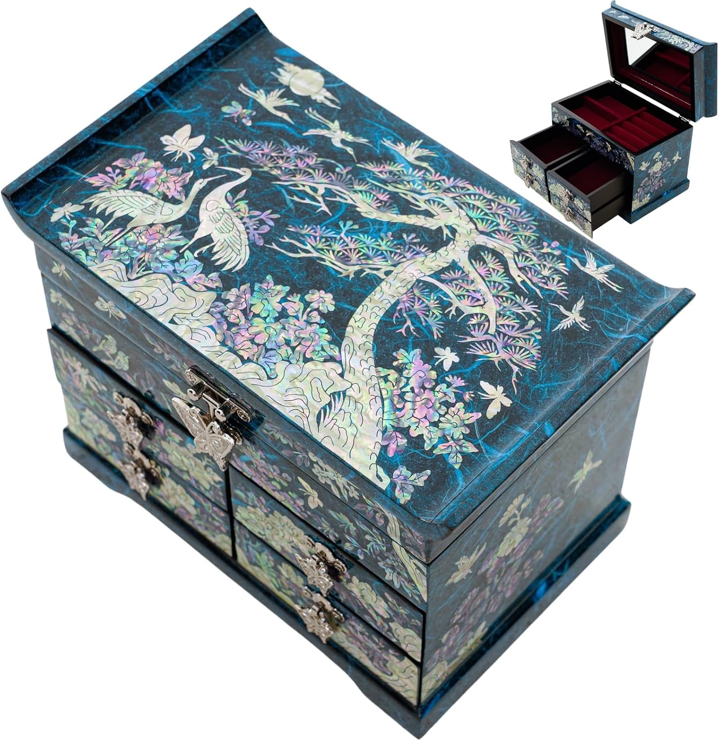 February Mountain Elegant Mother of Pearl Jewelry Box – Handcrafted Wooden Chest with Intricate Butterfly and Crane Designs, 4 Drawer Storage, and Red Velvet Interior – Ideal Gift for Women