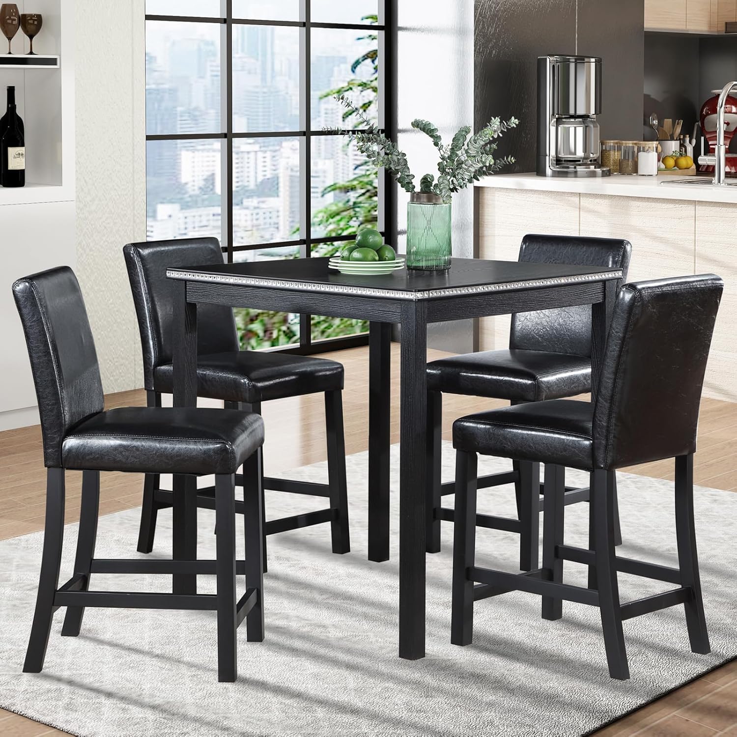 LUMISOL Dining Table Set for 4, 5-Piece Solid Wood Counter Height Kitchen Table Set with 4 Upholstered Chairs for Kitchen, Dining Room, Home Bar, Black