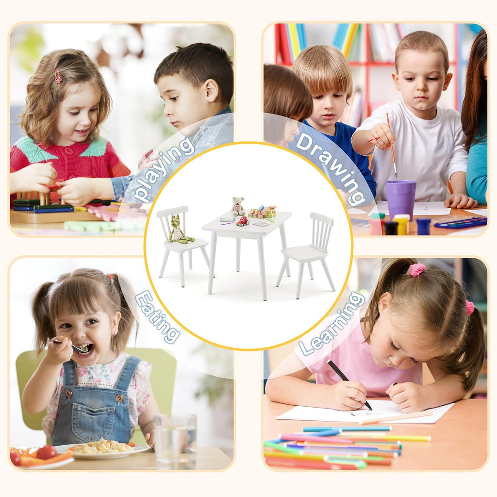 Curipeer Windsor Kids Table and 2 Chair Set, Rubberwood Toddler Table and Chair Set for Art, Play, Craft, Activity, with Non-Slip Legs Round Edge Design, White