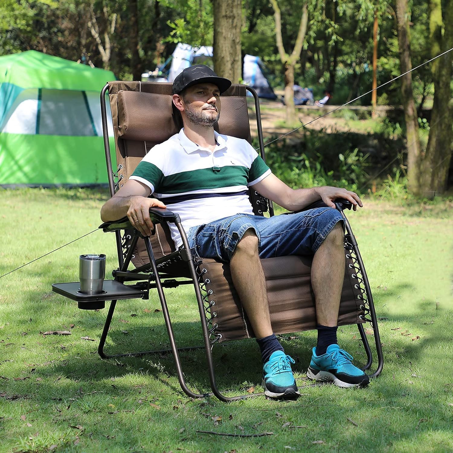 TIMBER RIDGE Oversized Zero Gravity Chair, 33In Wide XXL Zero Gravity Reclining Chair with Side Table, Full Padded Lounge Chair for Outdoor Camping Patio Lawn, Heavy Duty Supports 500lbs, Brown-2 Pack