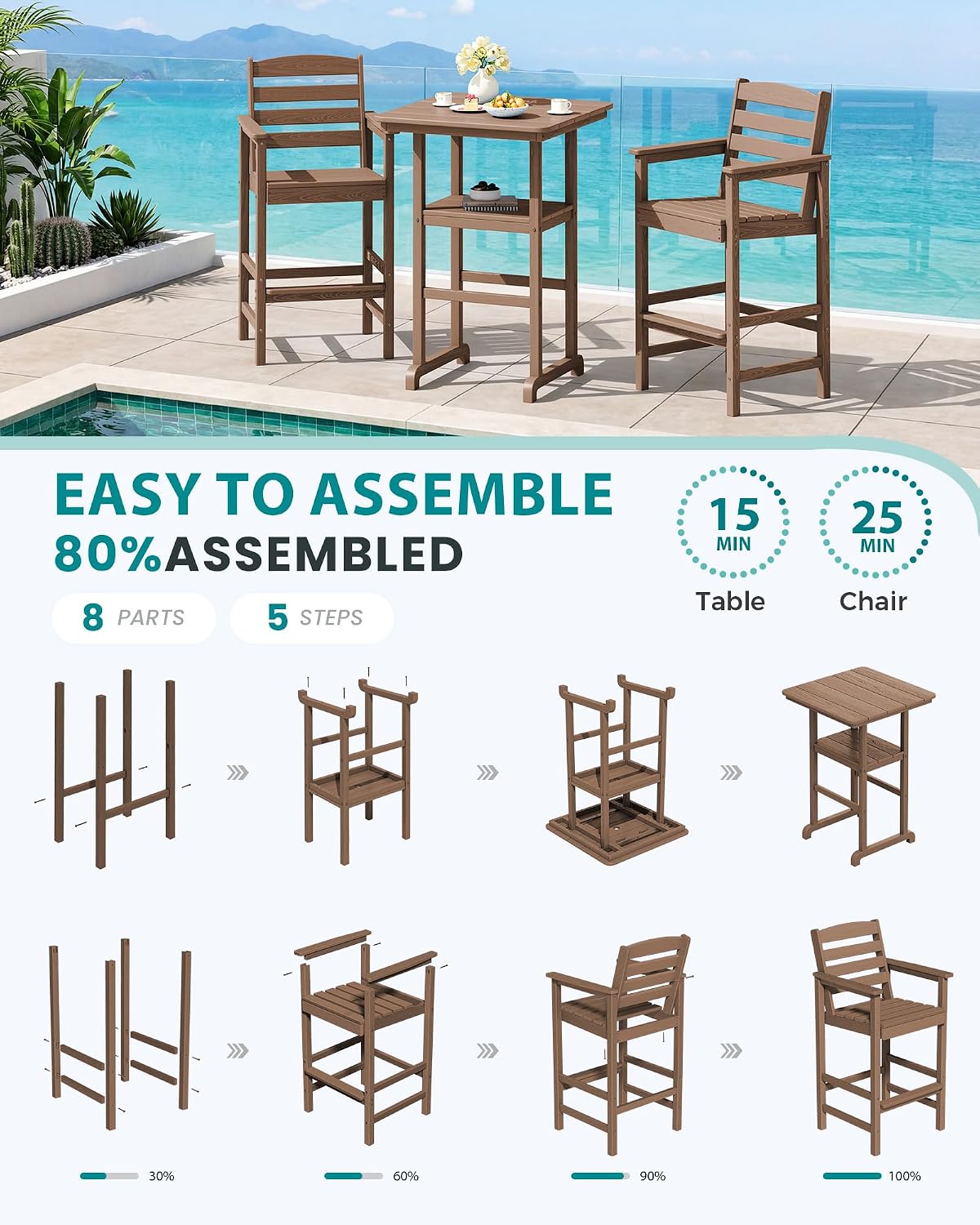 SERWALL Balcony Adirondack Chairs and Table 3 Pieces Set, Oversize Adirondack Bar Height Chairs Set of 2 and Bar Table, Outdoor Bar Stools Set, Brown