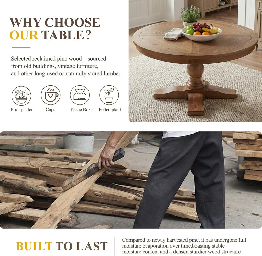 60' Round Dining Table, Reclaimed Wood Kitchen Table for 6-8, Farmhouse Circle Kitchen Table with Pedestal Curved Leg for Kitchen Dining Room Restaurant - Walnut