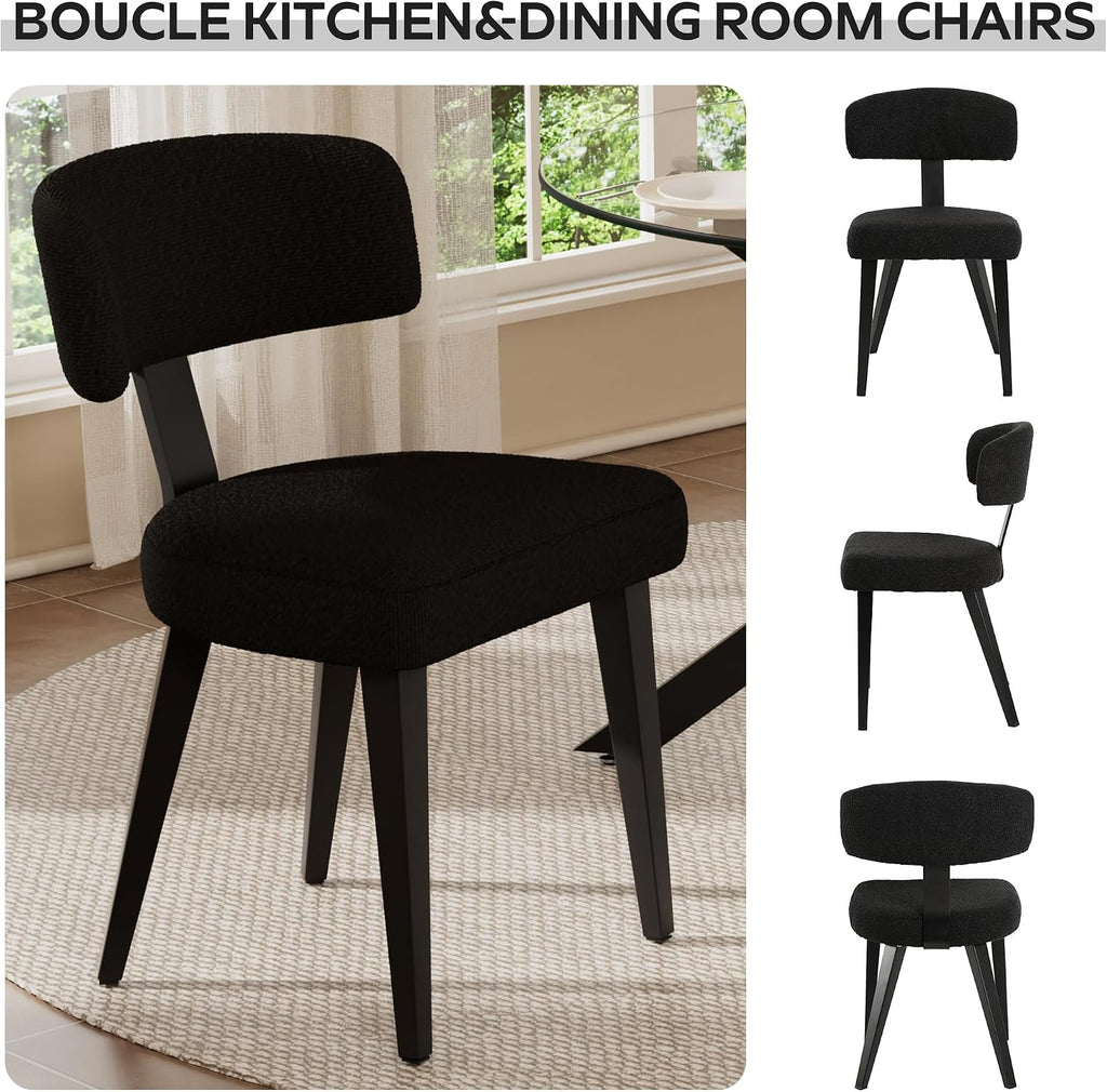 Small Dining Table Set for 2, 36' Round Kitchen Table with 2 Teddy Boucle Dining Chairs, Tempered Glass Top with Metal Legs(All Black)