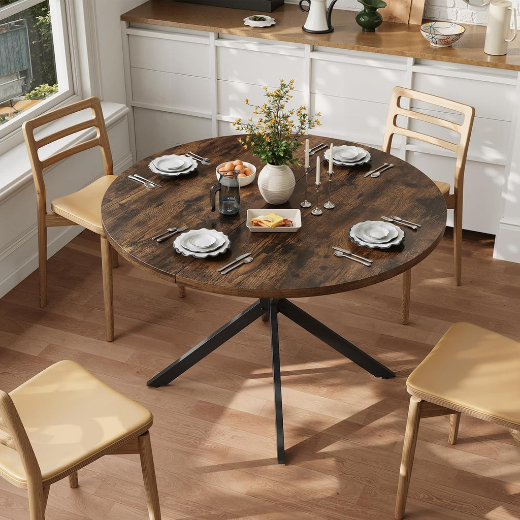 Vantic 47' Round Dining Table for 4-6 People, Farmhouse Wood Kitchen Table for Small Space,Circle Dining Table with Metal Base for Kitchen & Living Room, Rustic Brown