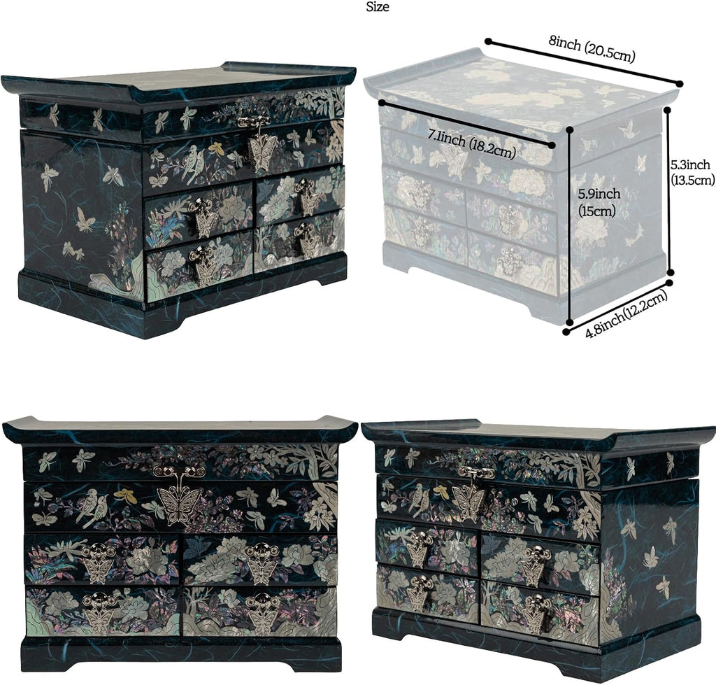 February Mountain Elegant Mother of Pearl Jewelry Box – Handcrafted Wooden Chest with Intricate Butterfly and Crane Designs, 4 Drawer Storage, and Red Velvet Interior – Ideal Gift for Women