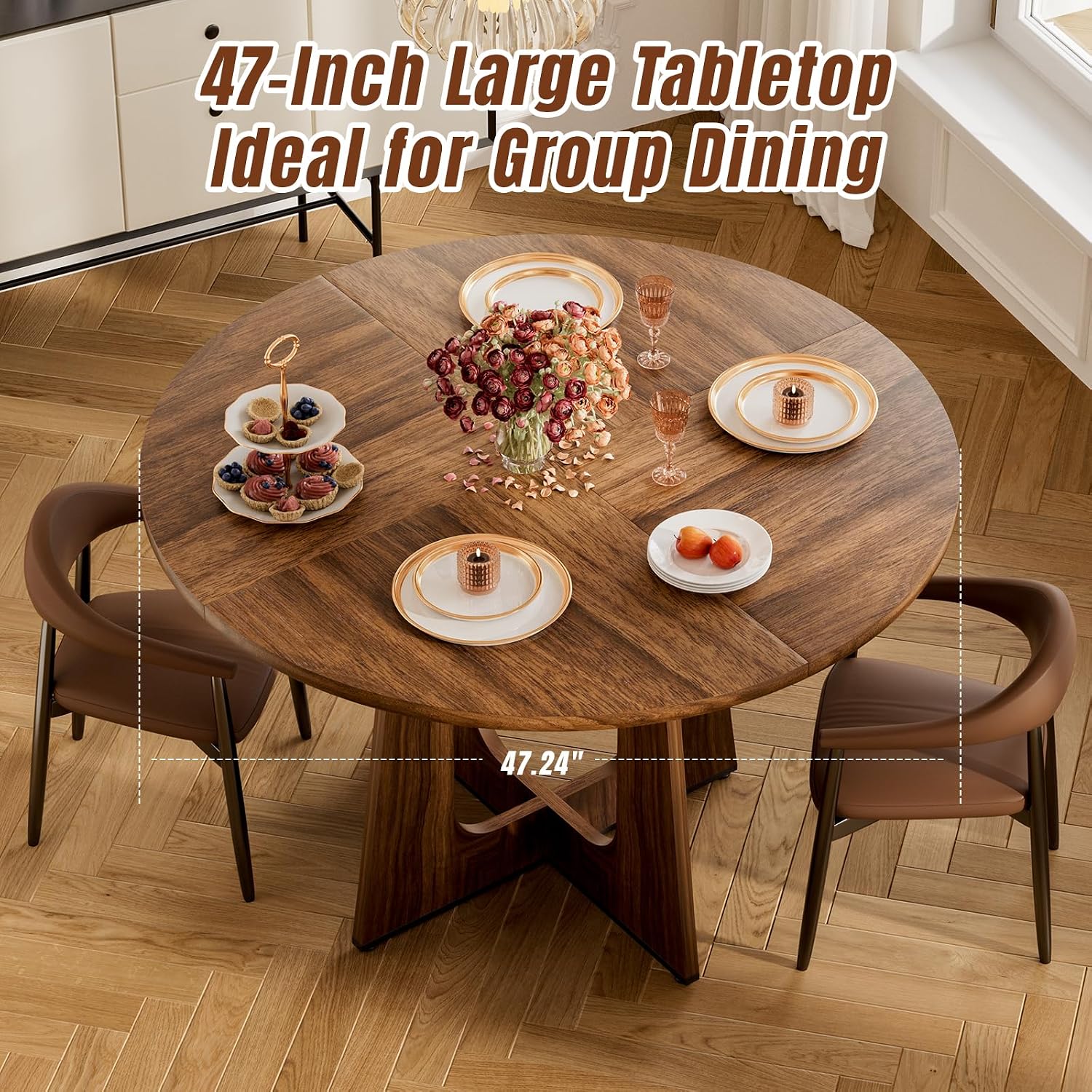47' Round Dining Table for 4-6, Farmhouse Wood Kitchen Table, Mid-Century Wooden Circle Dinner Room Table Easy Assembly for Dining Room, Kitchen, Living Room (Brown)