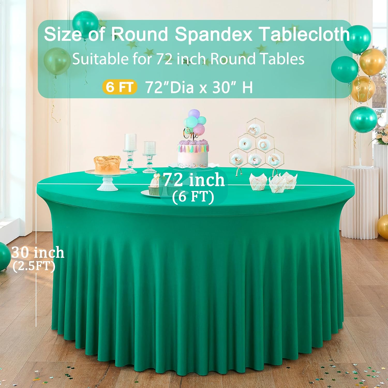 8 Pack Emerald Green Spandex Round Tablecloths, Stretchy 132inch Fitted 6FT Round Table Cloths, Wrinkle Free Table Cover with Skirt for Wedding Party Dining Banquet