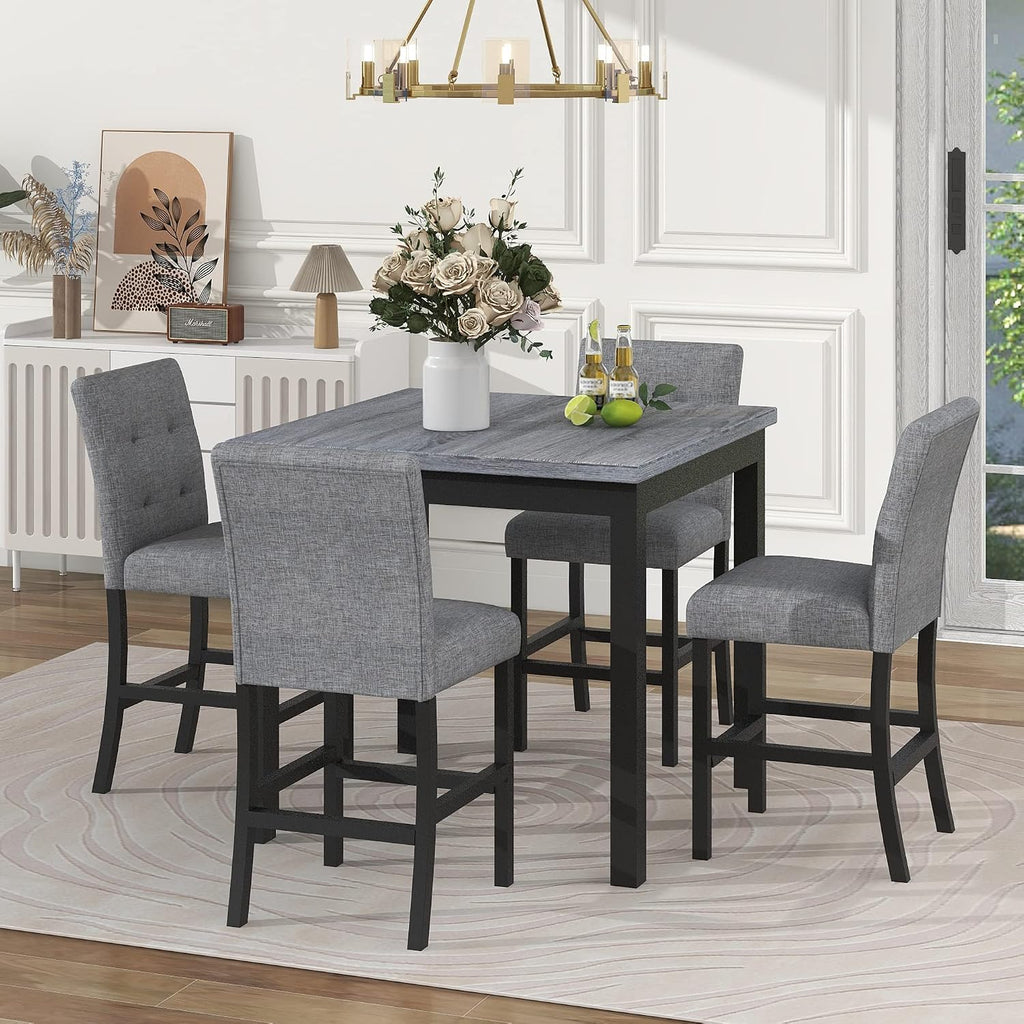 Bellemave 5 Piece Counter Height Dining Table Set for 4 High Top Square Kitchen Table and Chairs Dinning Room Small Breakfast Table Set Pub Table and High-Back Chairs Set of 4.(Grey)