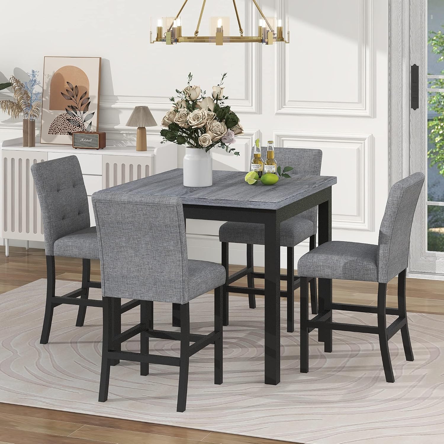 Bellemave 5 Piece Counter Height Dining Table Set for 4 High Top Square Kitchen Table and Chairs Dinning Room Small Breakfast Table Set Pub Table and High-Back Chairs Set of 4.(Grey)