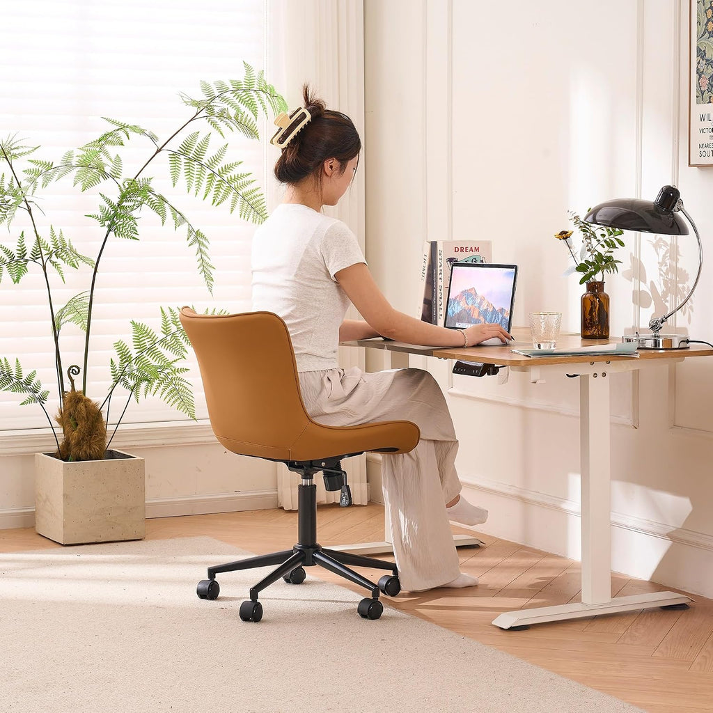 YOUNIKE Ergonomic Home Office Desk Chair with Wheels Comfy Armless Criss Cross Chair with Back Adjustable Height Modern Leather Upholstered Swivel Vanity Chair Small Cute Rolling Task Chair Tan