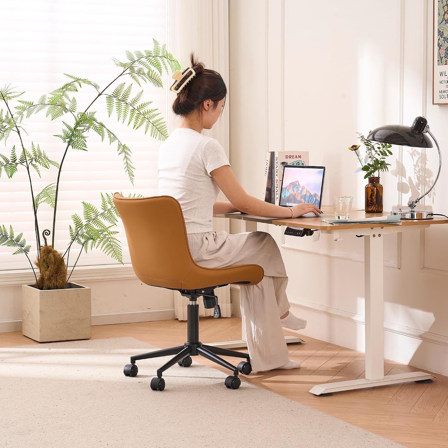 YOUNIKE Ergonomic Home Office Desk Chair with Wheels Comfy Armless Criss Cross Chair with Back Adjustable Height Modern Leather Upholstered Swivel Vanity Chair Small Cute Rolling Task Chair Tan