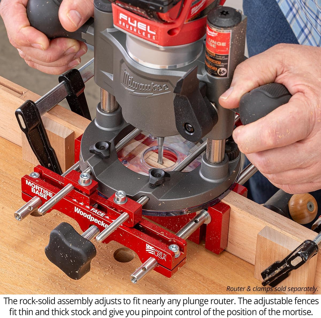 Woodpeckers Mortise Base, Dual-Fence Adjustable Router Base for Precise Mortising and Edge Guiding, Fits Plunge Routers with 1/4' Guide Rods, Aluminum & Stainless Construction, Made in USA MB-14