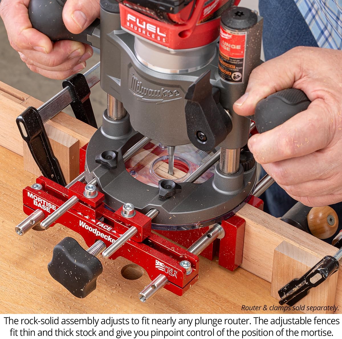 Woodpeckers Mortise Base, Dual-Fence Adjustable Router Base for Precise Mortising and Edge Guiding, Fits Plunge Routers with 5/16' Guide Rods, Aluminum & Stainless Construction, Made in USA MB-516