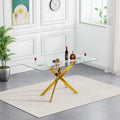 51.2' Glass Dining Table, Modern Kitchen Table for 4-6 People, Contemporary Rectangular Dining Room Dinner Tables with Clear Glass Top & Gold Metal X Legs for Kitchen Apartment